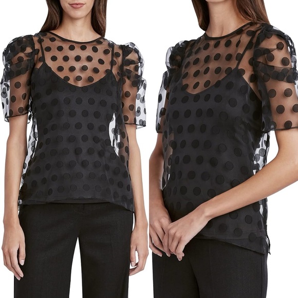 BCBGMAXAZRIA Polka Dot Puff-Sleeve Sheer Top - Picture 1 of 6